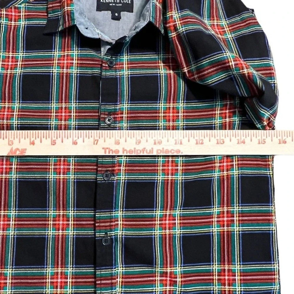 Kenneth Cole Trartan Plaid Button Down Shirt Boys 6 Black Red Green Prep Holiday